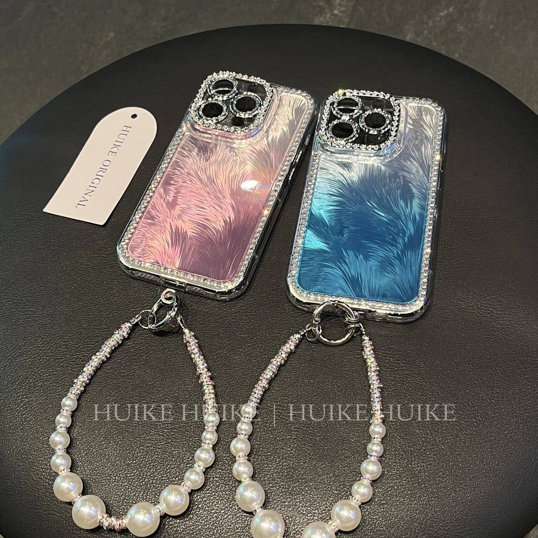 Diamond Studded Feather Phone Case with Phone Charm Strap