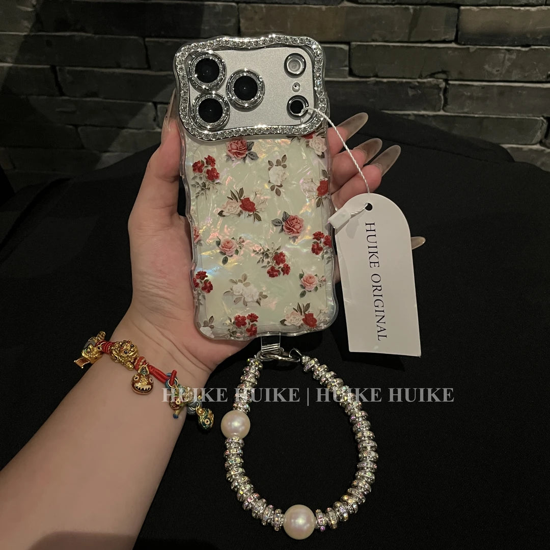 RED ROSES Pearly Transparent Phone Case with Phone Charm Strap,Compatible for iphone 17