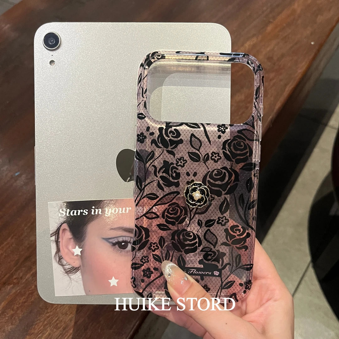 Black Camellia Phone Case with Phone Charm Strap,Compatible for iphone 17