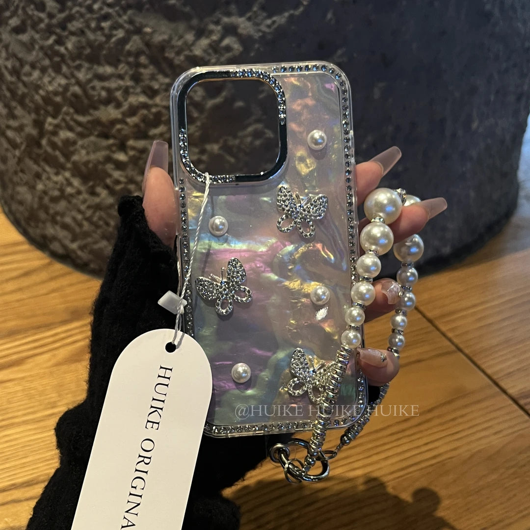 RHINESTONE BUTTERFLY Pearly Transparent Phone Case with Phone Charm Strap
