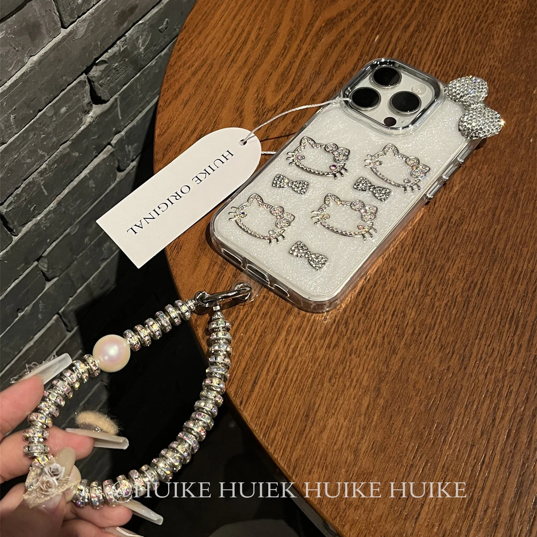 HANDMADE SILVERY KITTY CAT Sparkling Phone Case with Phone Charm Strap, Compatible for Samsung & iPhone