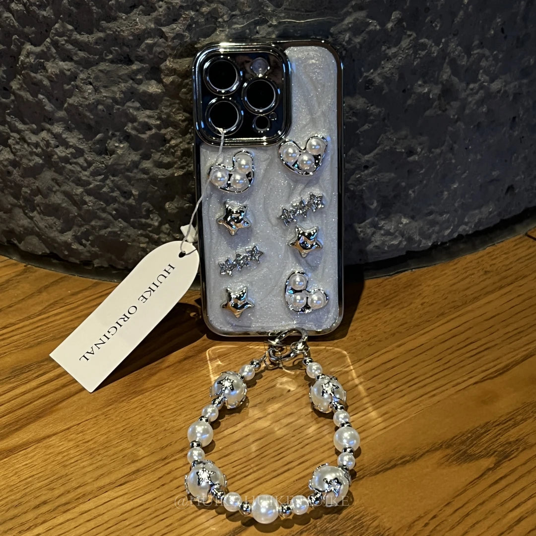 WHITE LOVE HEART STAR Phone Case with Phone Charm Strap