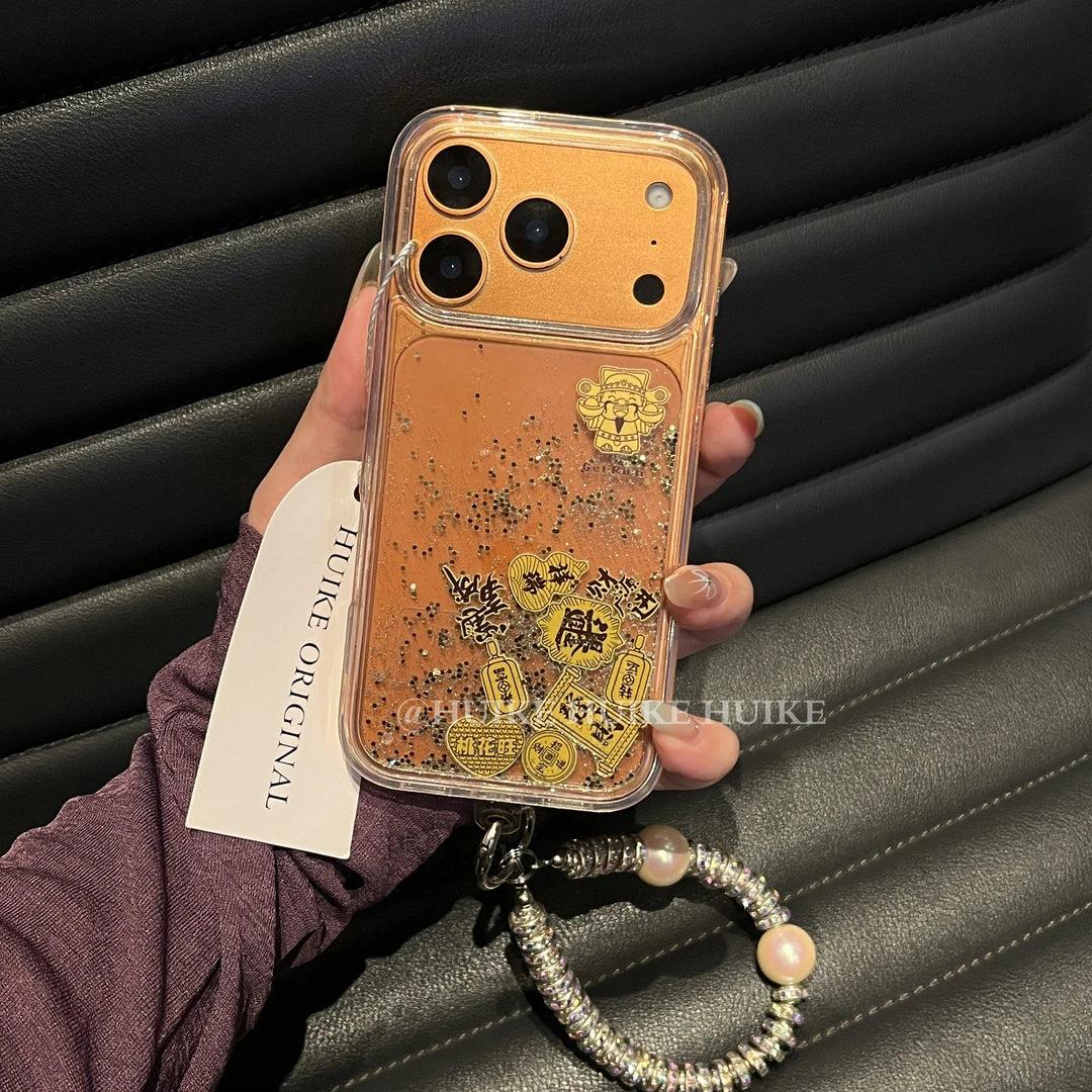 Gold & Good &Wealth & Luck Clear Liquid Glitter Phone Case with Phone Charm Strap,Compatible for iphone 17