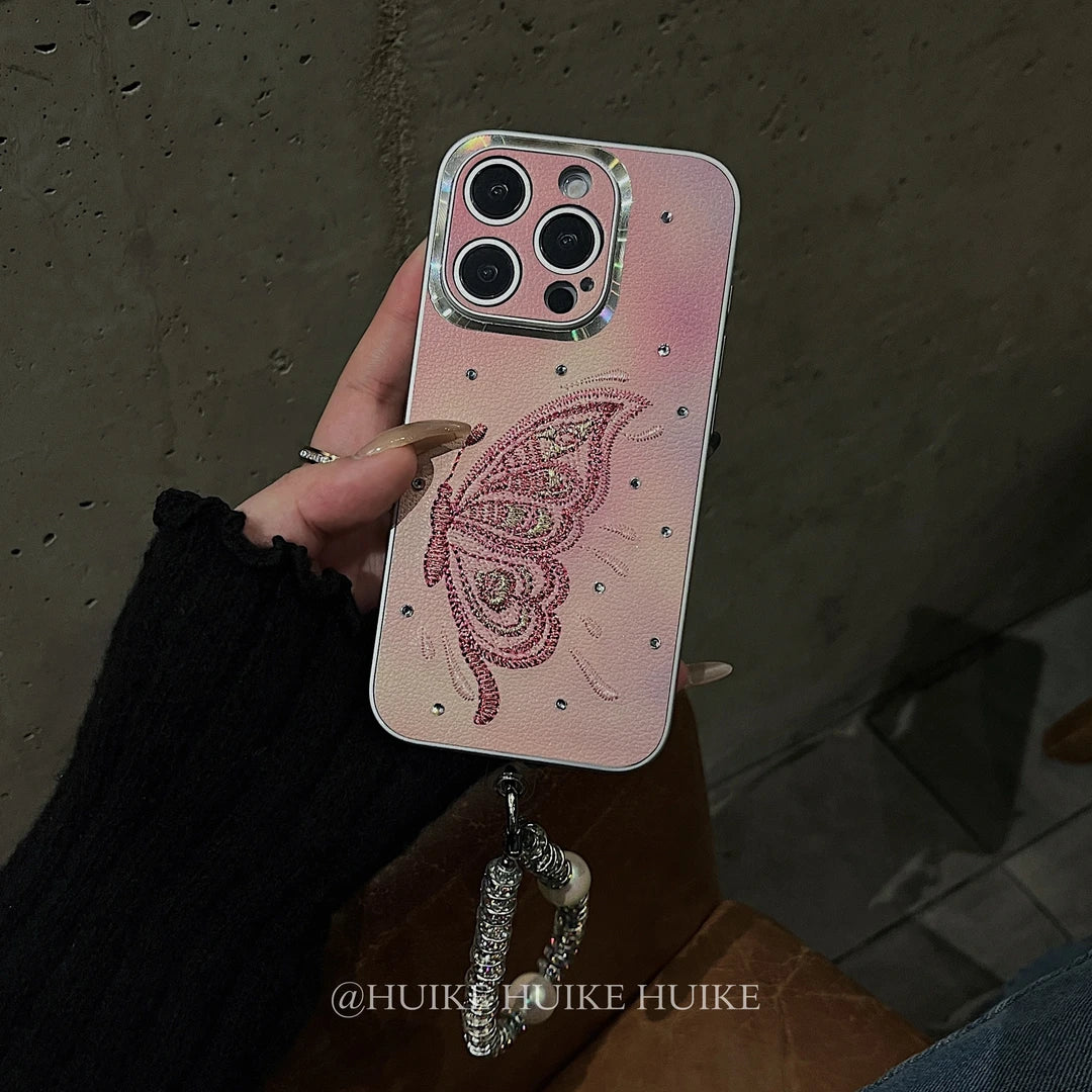 HANDMADE PINK EMBROIDERED Half Butterfly Phone Case with Phone Charm Strap