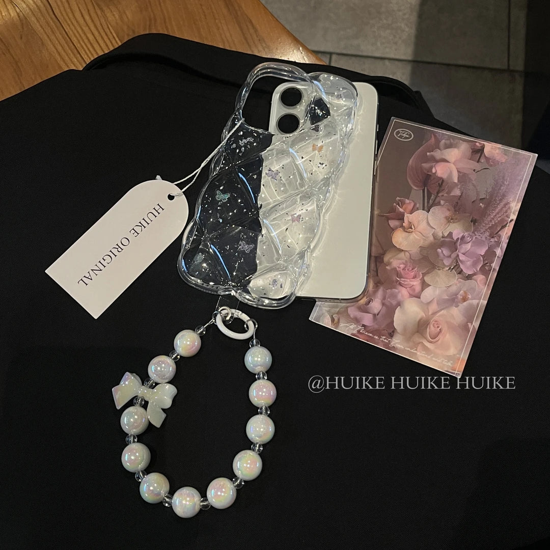 TRANSPARENT BUTTERFLY Diamond Grid Phone Case with Phone Charm Strap