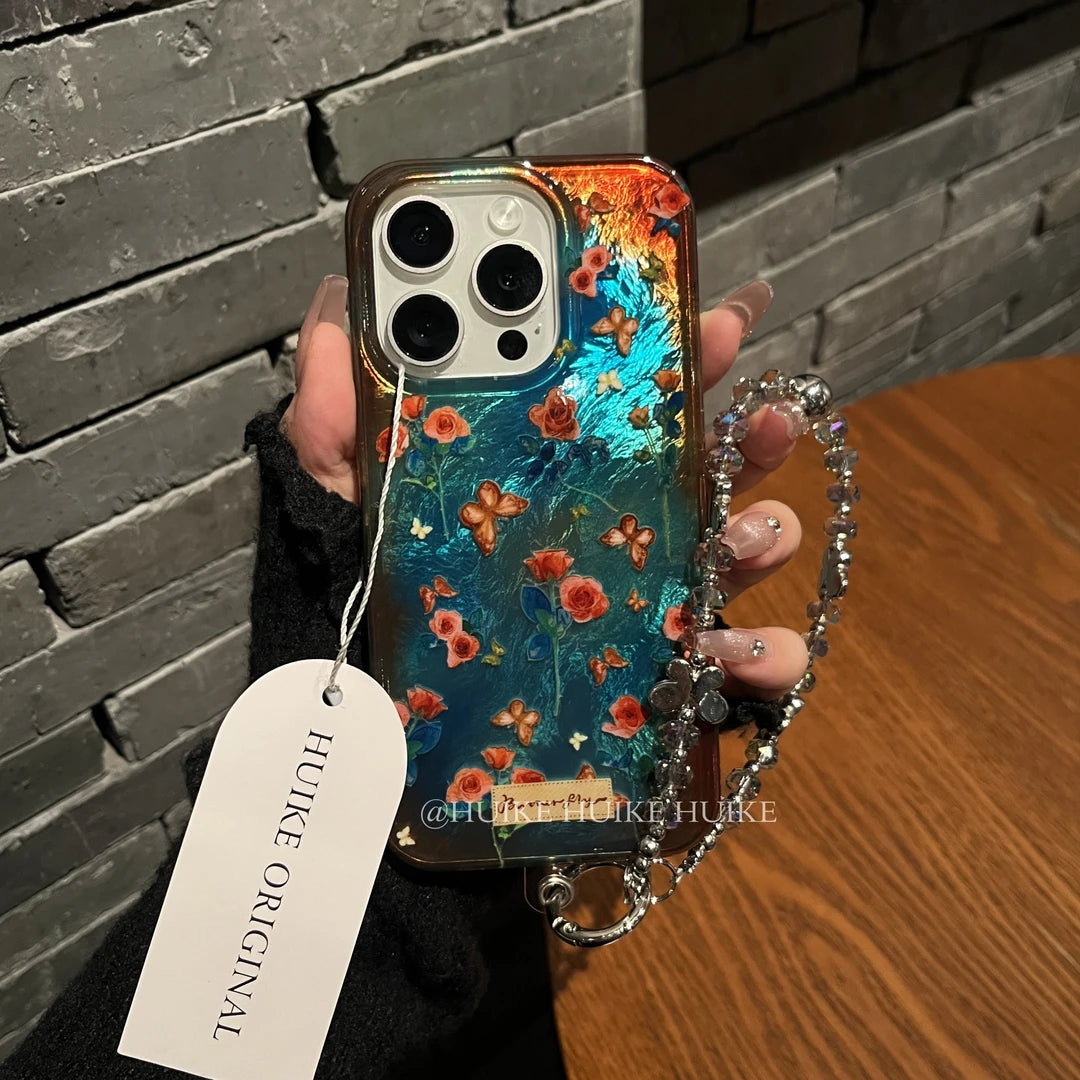 VINTAGE Blue Oil Painting Flower &Butterfly Phone Case with Phone Charm Strap