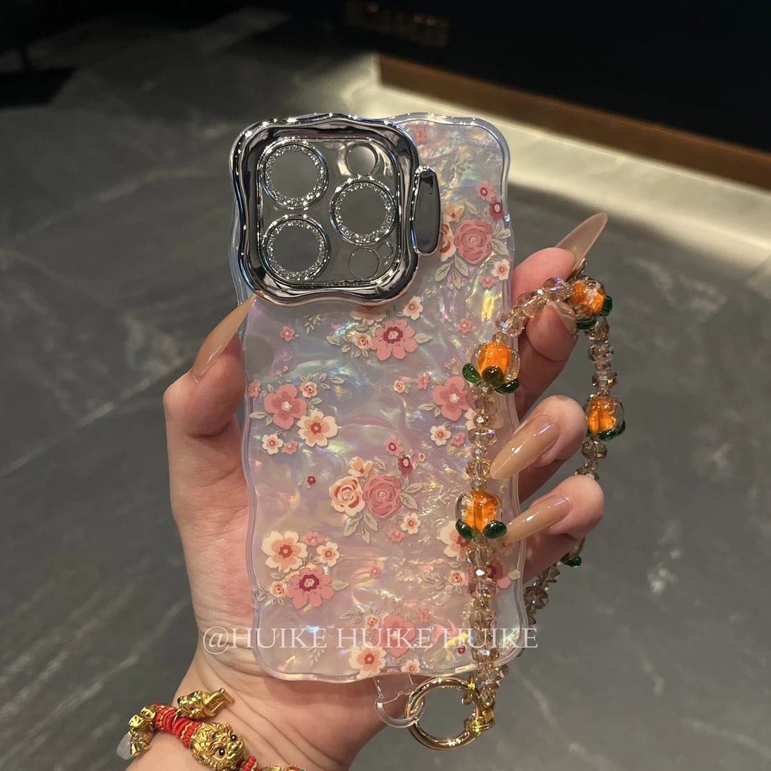 COLORFUL FLOWER Pearly Transparent Phone Case with Phone Charm Strap
