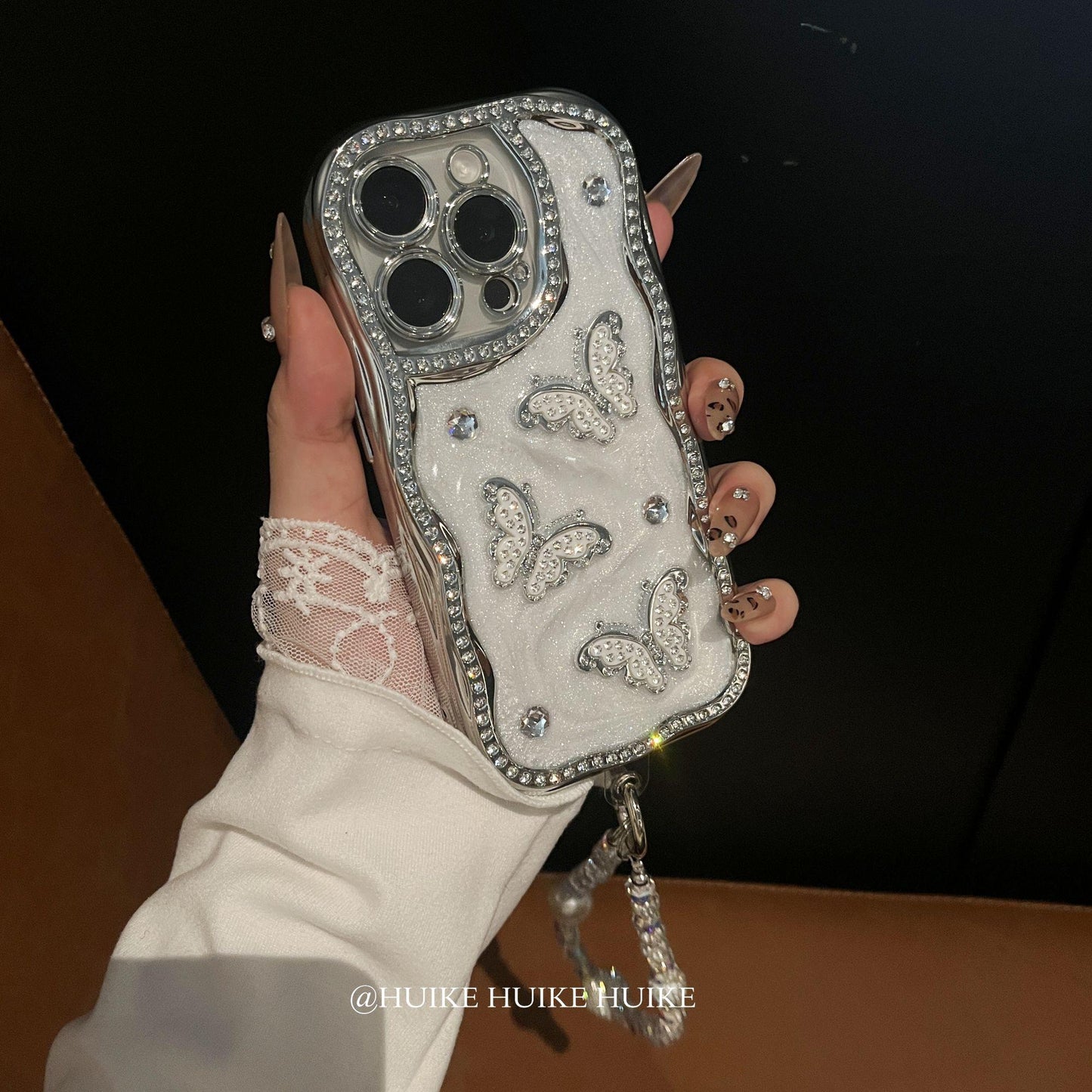 Handmade Diamond Inlaid Butterfly Phone Case with Phone Charm Strap