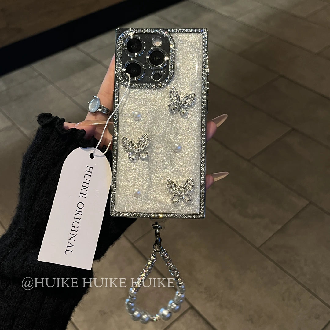 RHINESTONE GLITTER BUTTERFLY Pearl Phone Case with Phone Charm Strap