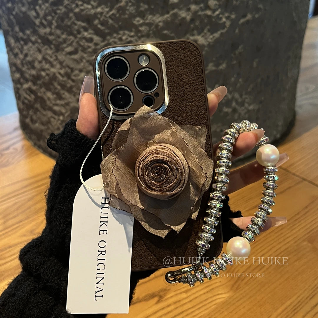 HANDMADE BROWN ROSE Leather Phone Case with Phone Charm Strap