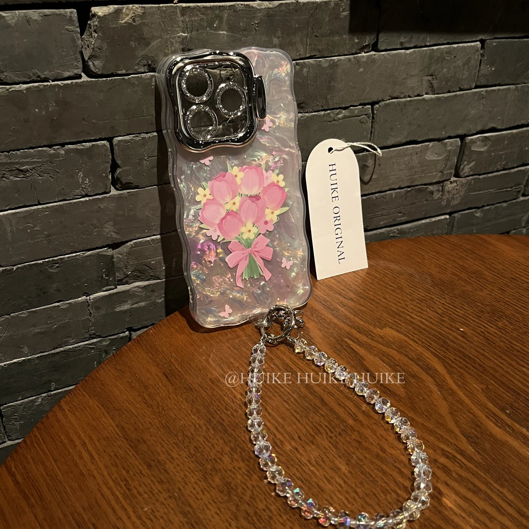 PINK TULIP Pearly Transparent phone case with Phone Charm Strap