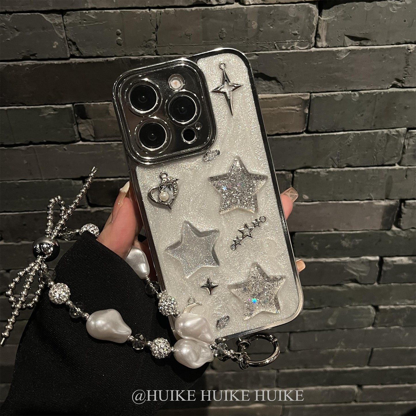 HANDMADE SILVER SHIMMERING STARS Phone Case with Phone Charm Strap