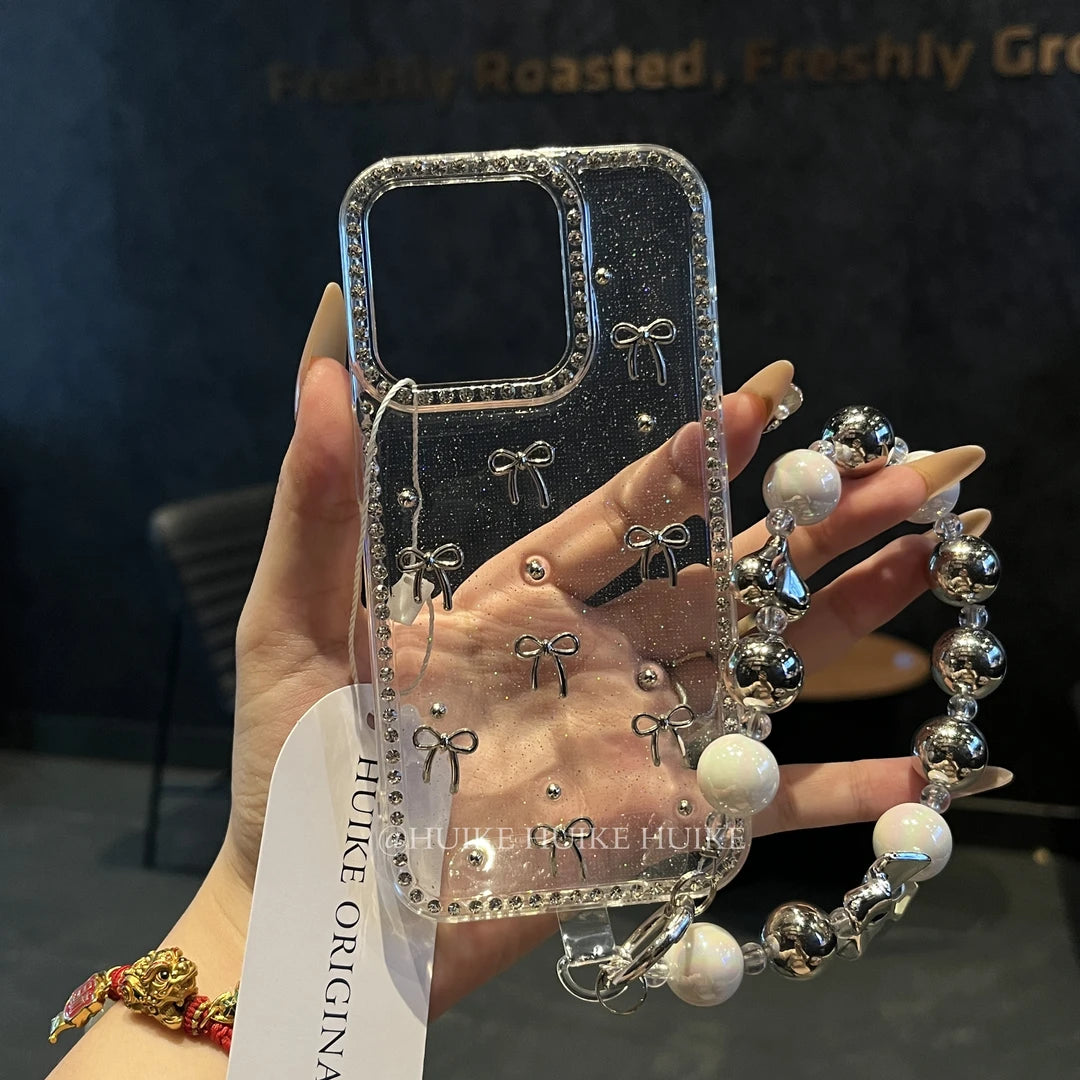 HANDMADE SLIVER BOW Transparent Drop Glue phone case with Phone Charm Strap