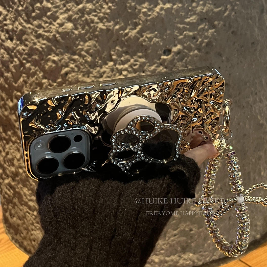 ELECTROPLATED SILVER Cat Paw Bracket Phone Case with Phone Charm Strap
