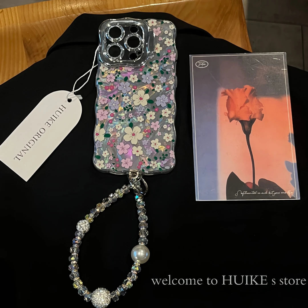 COLORFUL FLOWERS Pearly Transparent Bracket Phone Case with Phone Charm Strap