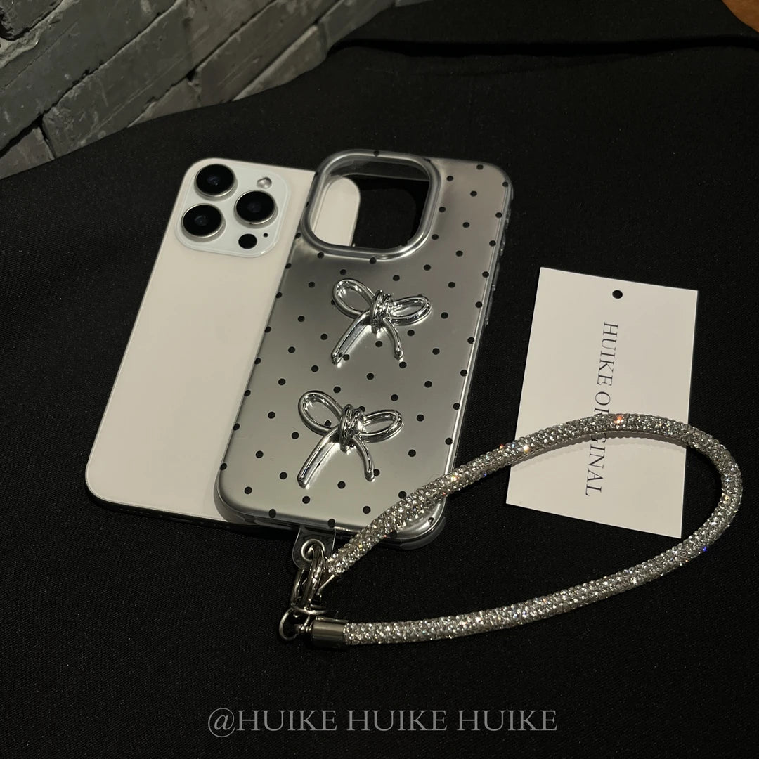 SLIVER POLKA DOT Bow Phone Case with Phone Charm Strap