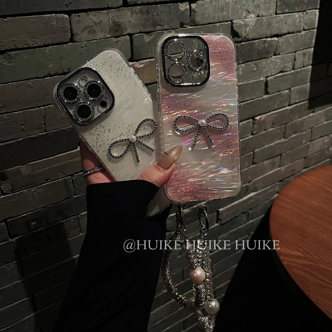 DIAMOND BOW Shell Pattern Phone Case with Phone Charm Strap