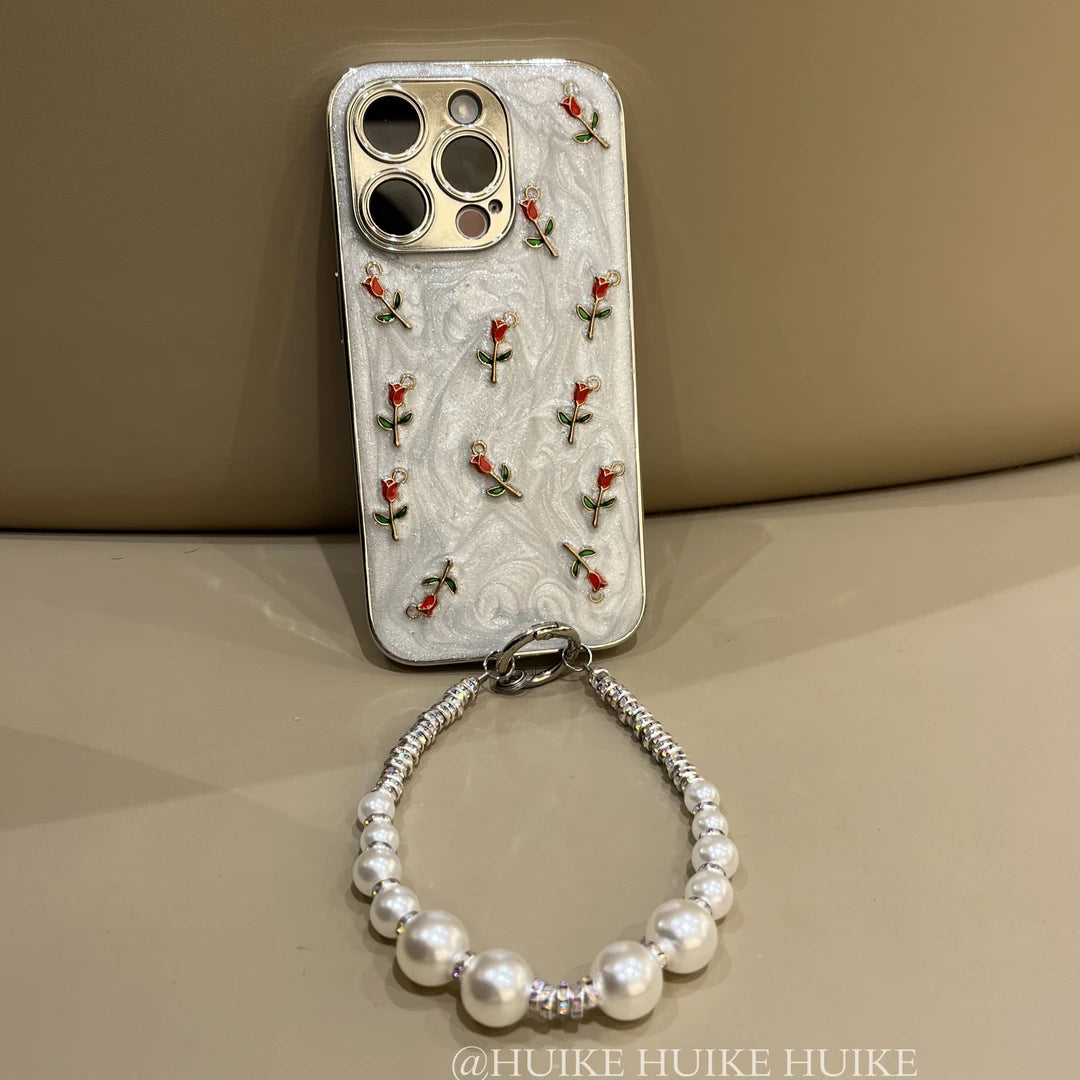 RED ROSES Drip Glue Fine Glitter Phone Case with Phone Charm Strap