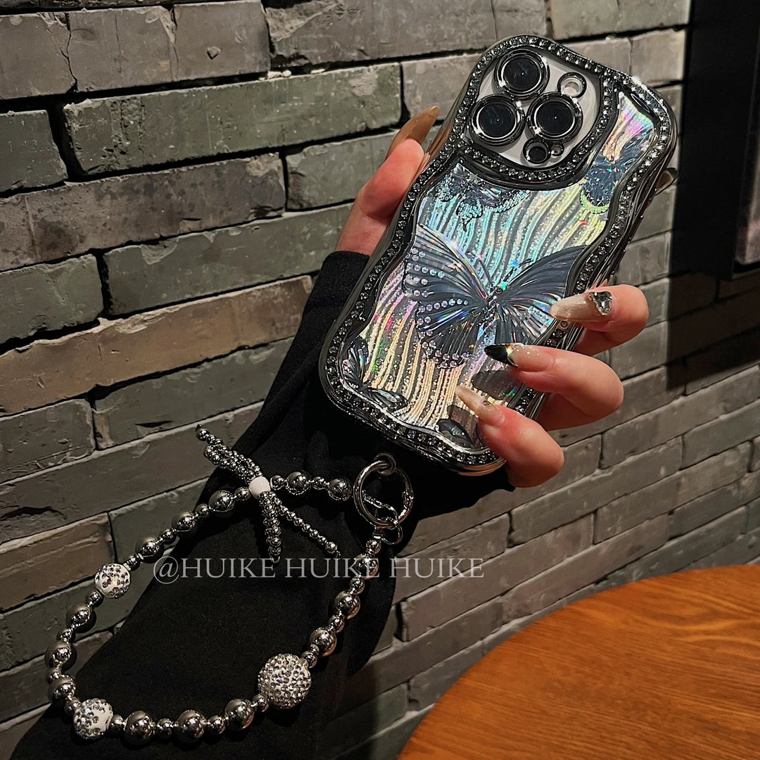 AURORA BUTTERFLY Sparkling Diamond Shining Glitter Phone Case with Phone Charm Strap