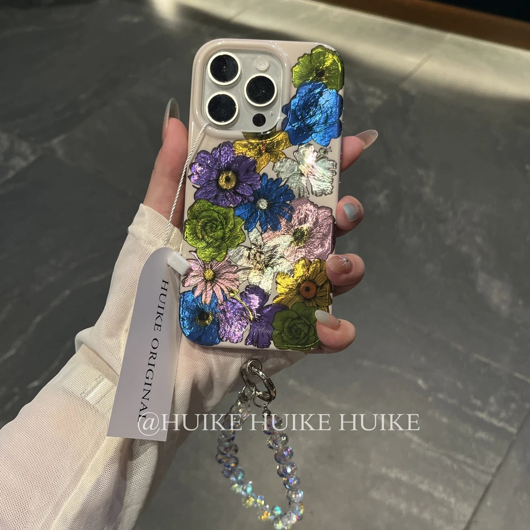Colorful Flowers Phone Case with Phone Charm Strap