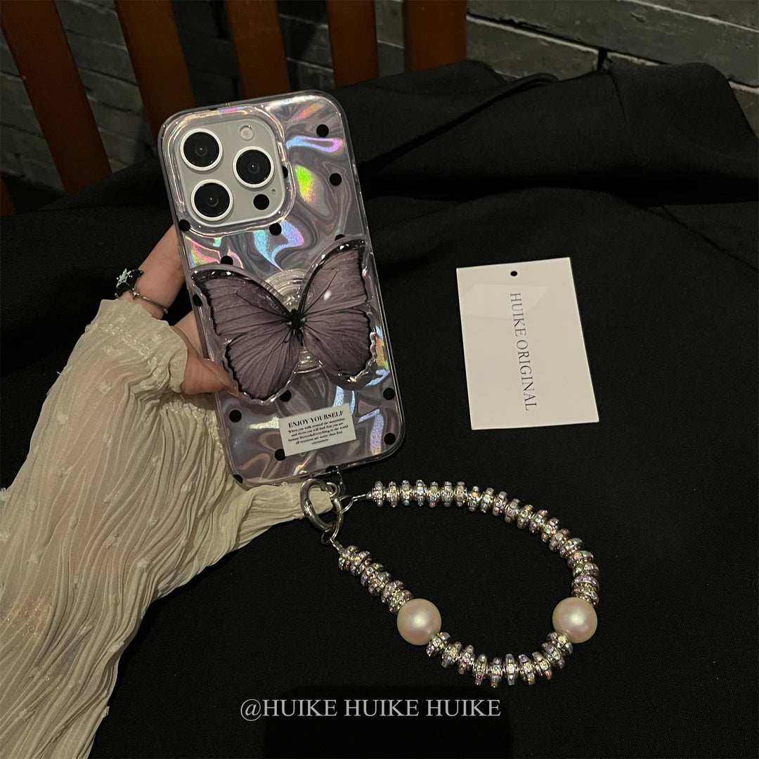 PURPLE BUTTERFLY Wave Point Phone Case with Phone Charm Strap