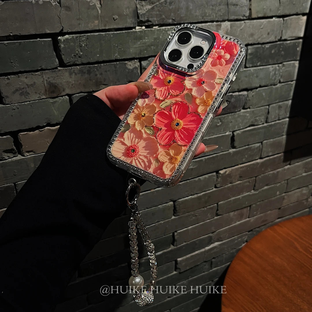 OIL PAINTING FLOWERS Rhinestone Border Phone Case with Phone Charm Strap