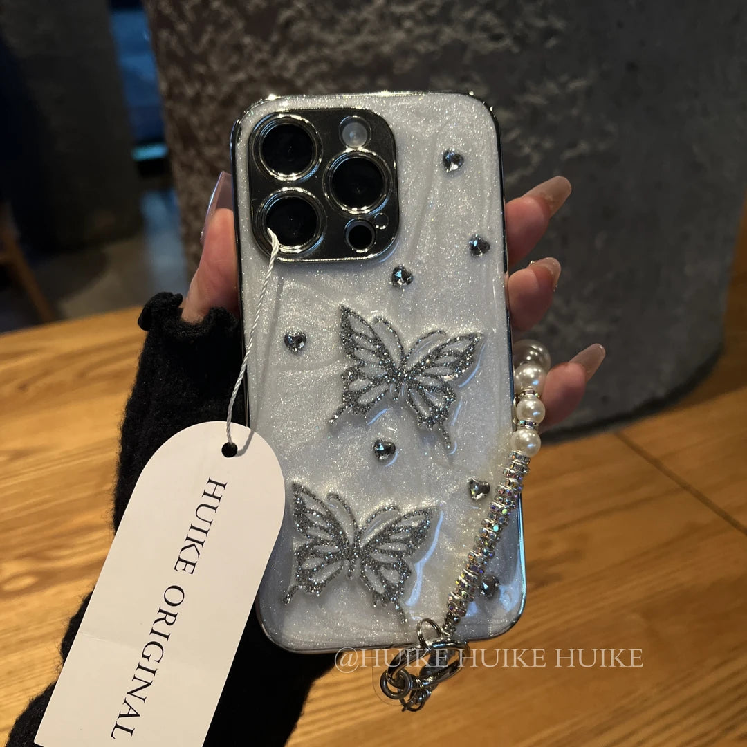 SLIVER BUTTERFLY Drip Glue Fine Glitter Phone Case with Phone Charm Strap