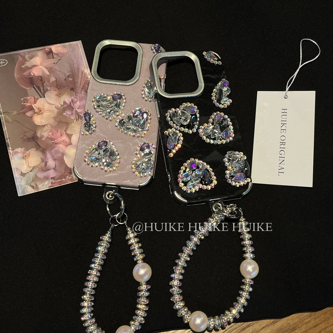 HEART-SHAPED Rhinestone Phone Case with Phone Charm Strap