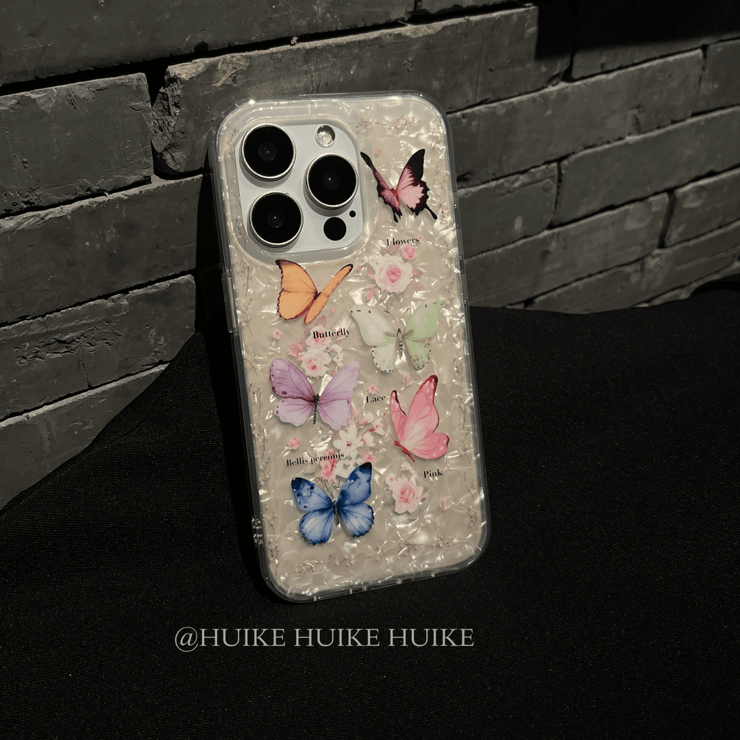 COLORFUL BUTTERFLY Pearls Transparent Phone Case with Phone Charm Strap