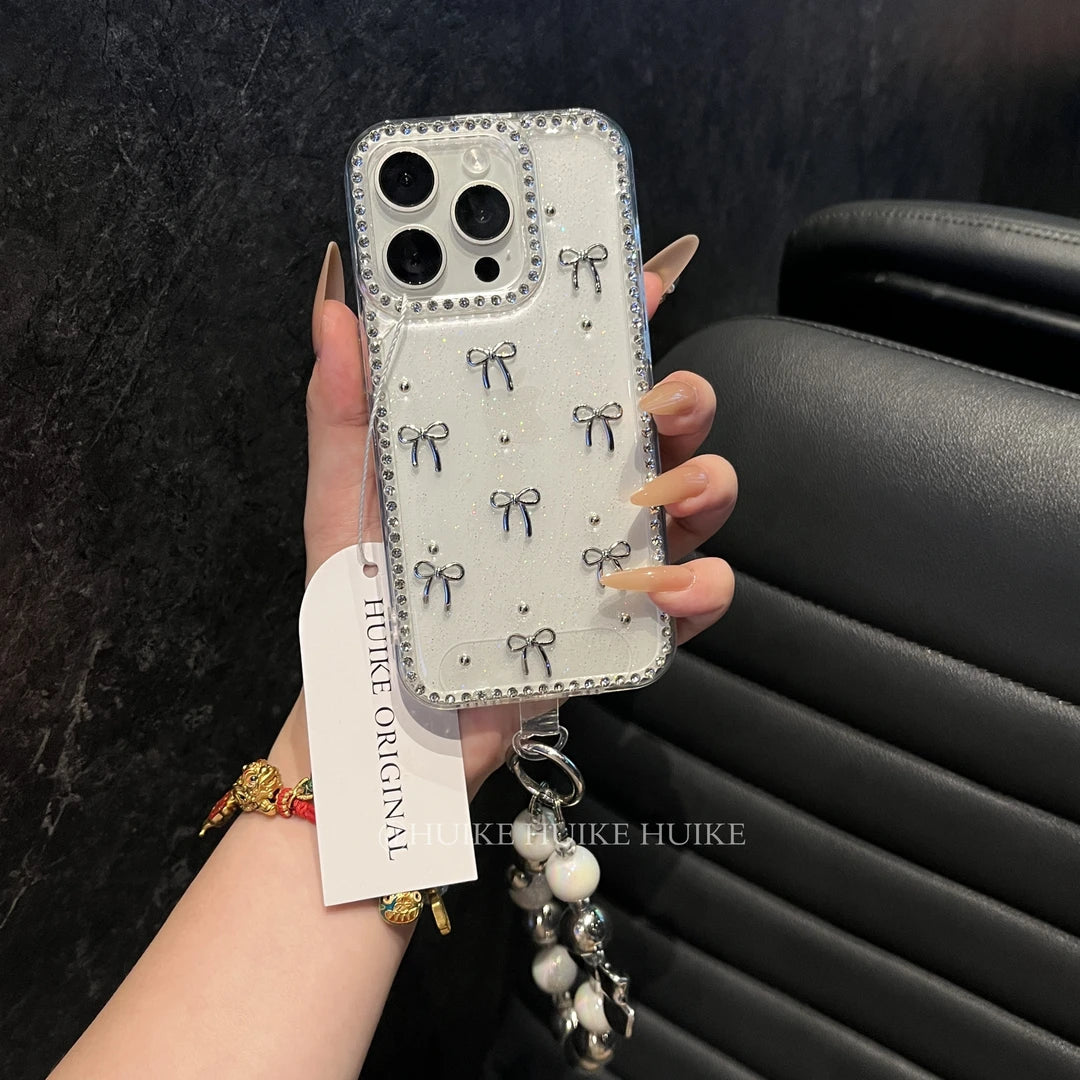 HANDMADE SLIVER BOW Transparent Drop Glue phone case with Phone Charm Strap