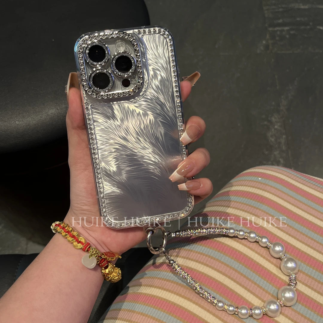 Diamond Studded Feather Phone Case with Phone Charm Strap