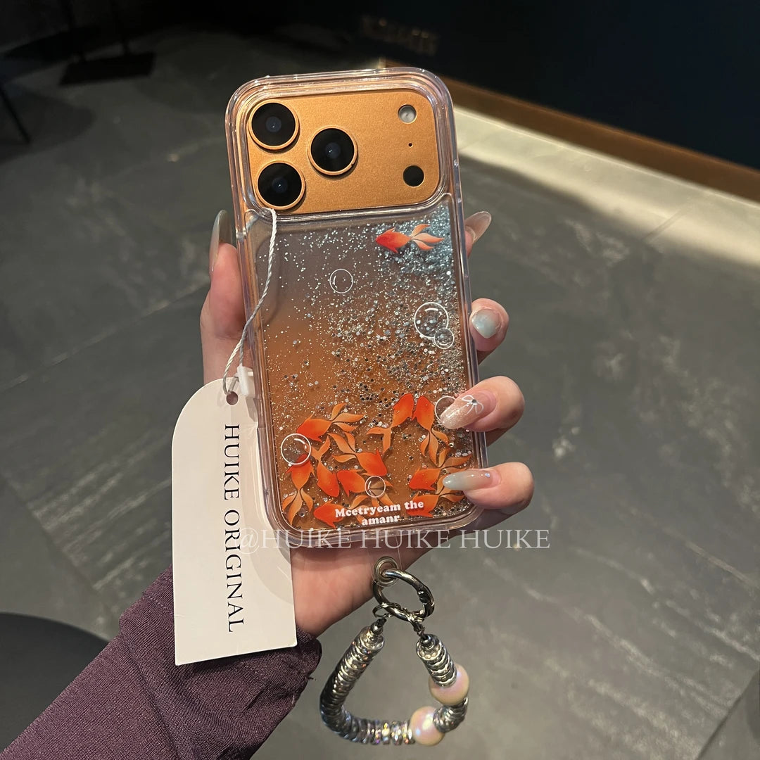 Transparent Water Flowing Goldfish Phone Case with Phone Charm Strap,Compatible for iphone 17