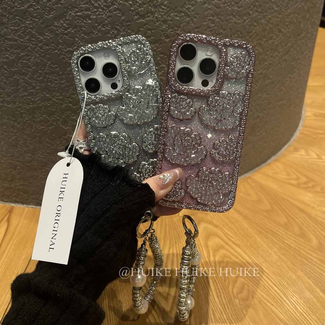 SPARKLING DIAMOND ROSE Gradient Phone Case with Phone Charm Strap