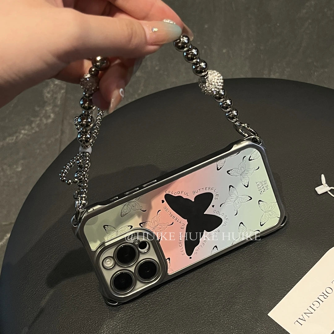 Color Gradient Butterfly Mirror Phone Case with Phone Charm Strap
