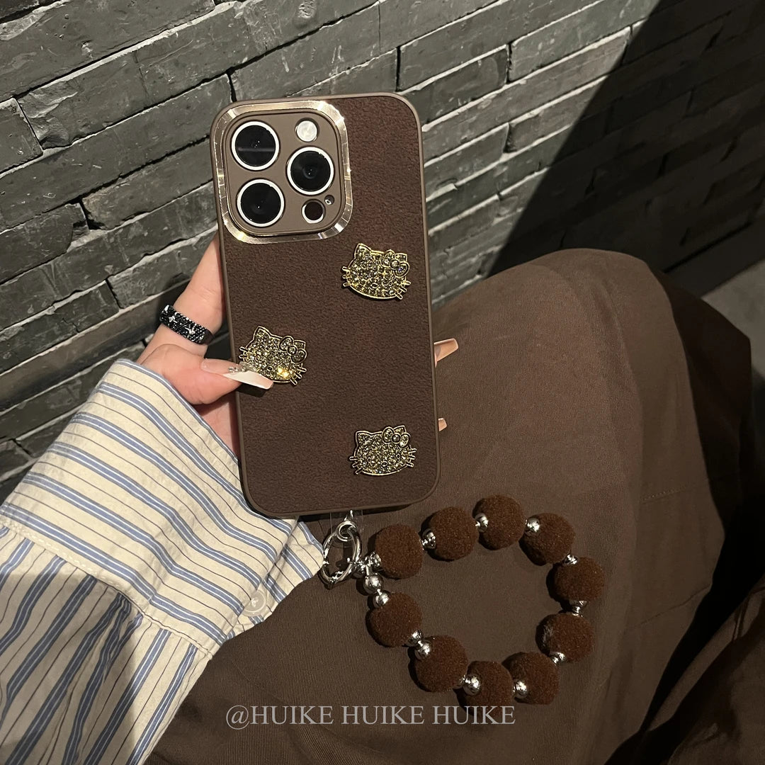 Brown Leather-Kitty Phone Case with Phone Charm Strap,Compatible for iphone 17