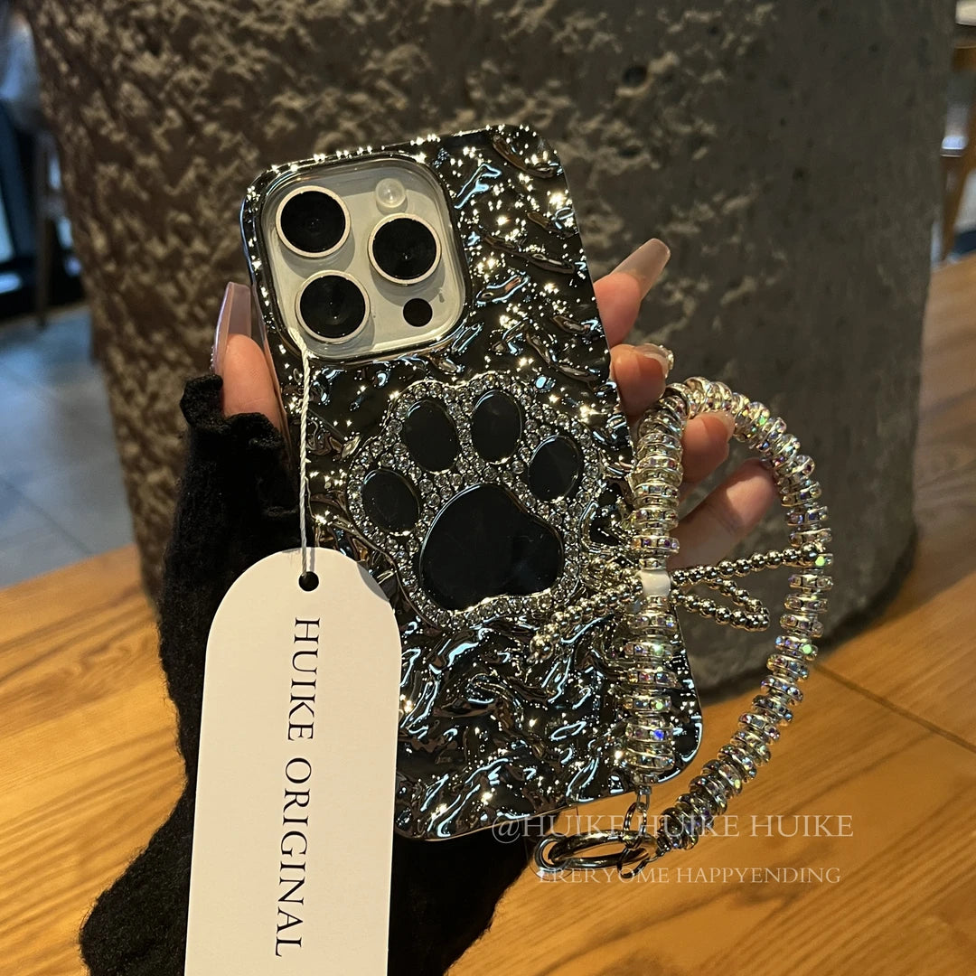 ELECTROPLATED SILVER Cat Paw Bracket Phone Case with Phone Charm Strap
