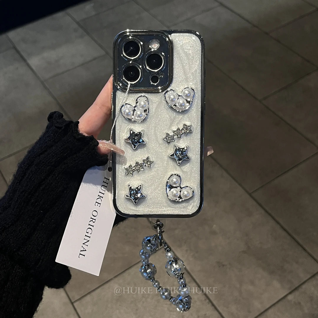 WHITE LOVE HEART STAR Phone Case with Phone Charm Strap
