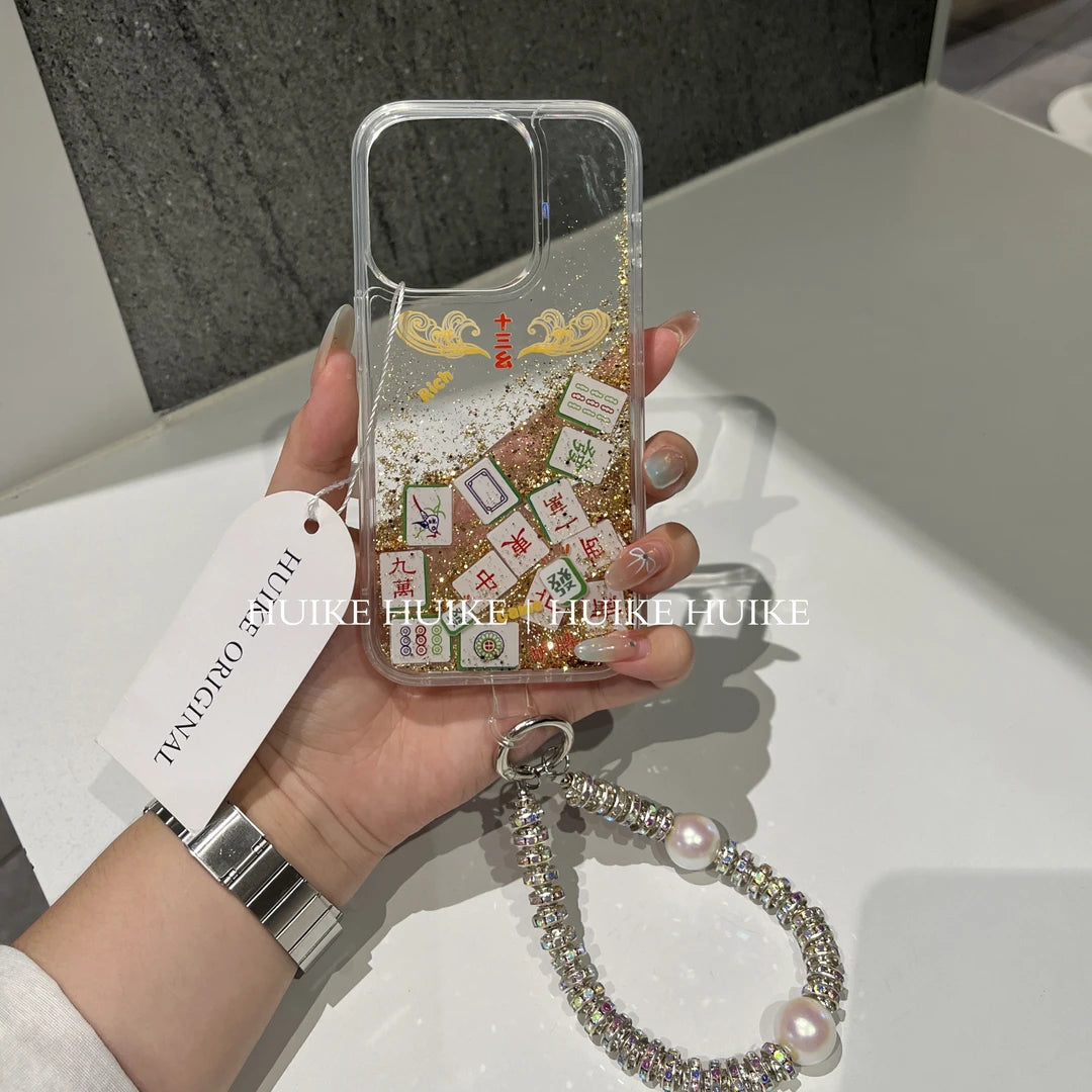 Shimmering Gold Mahjong Phone Case with Phone Charm Strap,Compatible for iphone 17
