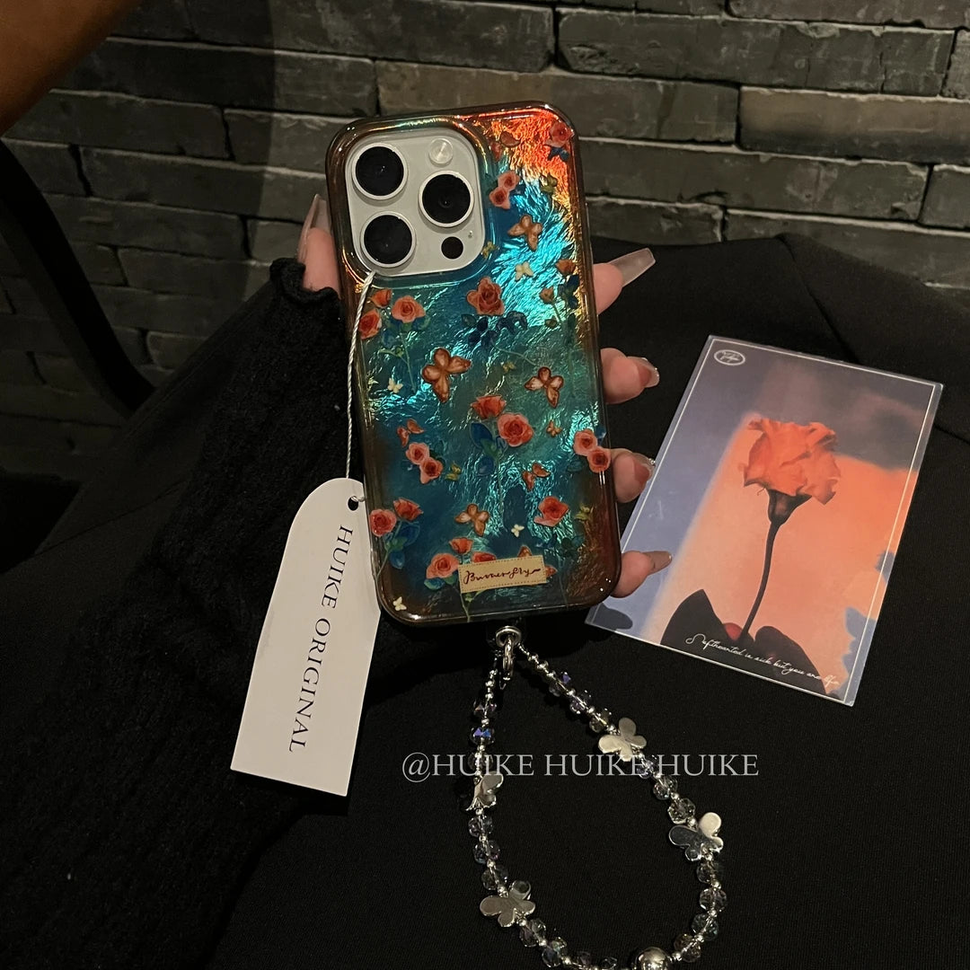VINTAGE Blue Oil Painting Flower &Butterfly Phone Case with Phone Charm Strap