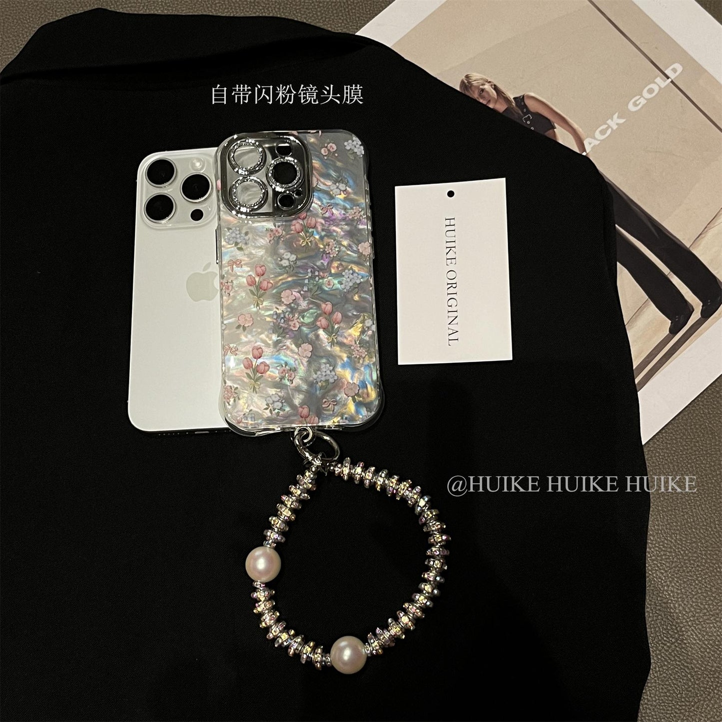 PINK ROSES Pearly Transparent Phone Case with Phone Charm Strap