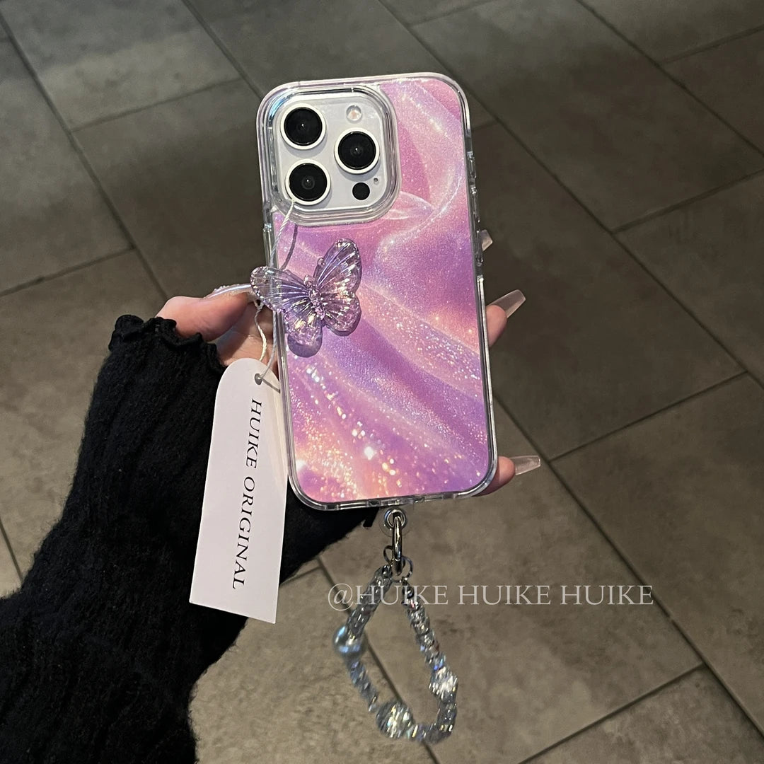 PURPLE TRANSPARTENT BUTTERFLY Phone Case with Phone Charm Strap