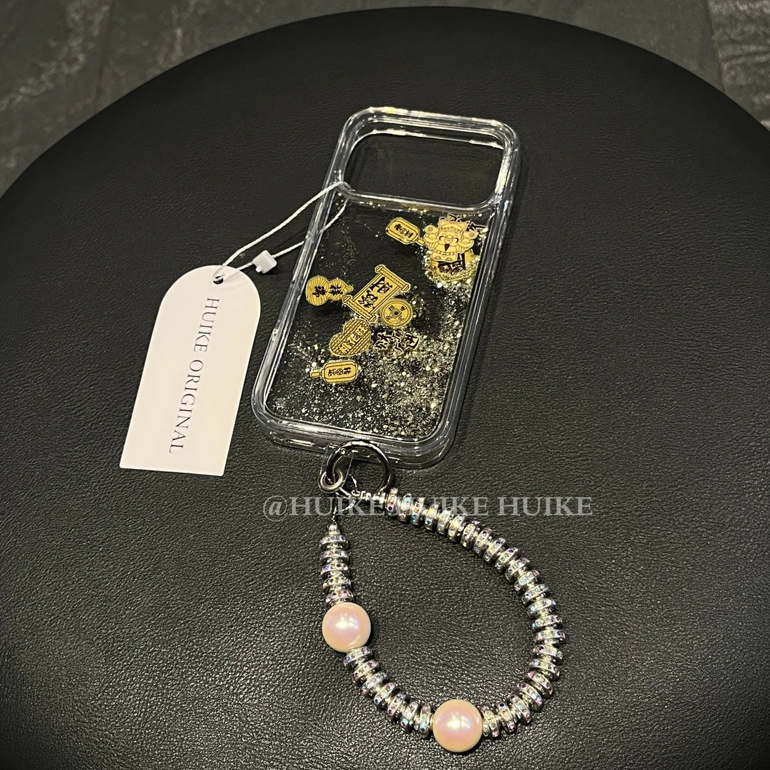 Gold & Good &Wealth & Luck Clear Liquid Glitter Phone Case with Phone Charm Strap,Compatible for iphone 17