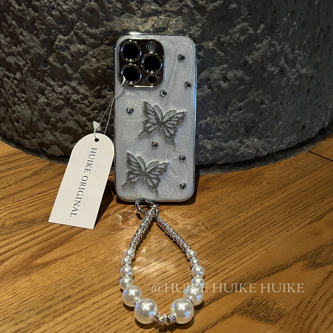 SLIVER BUTTERFLY Drip Glue Fine Glitter Phone Case with Phone Charm Strap