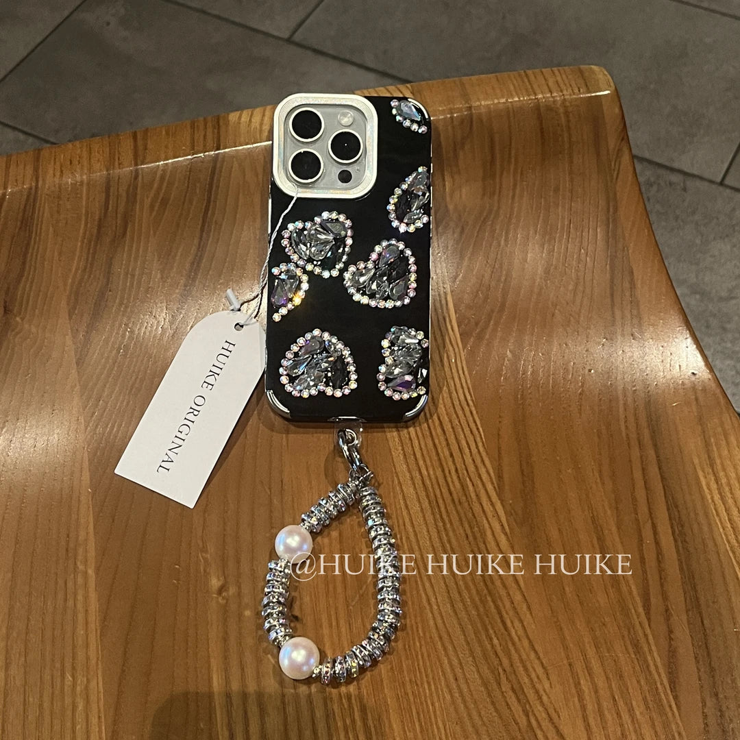 HEART-SHAPED Rhinestone Phone Case with Phone Charm Strap