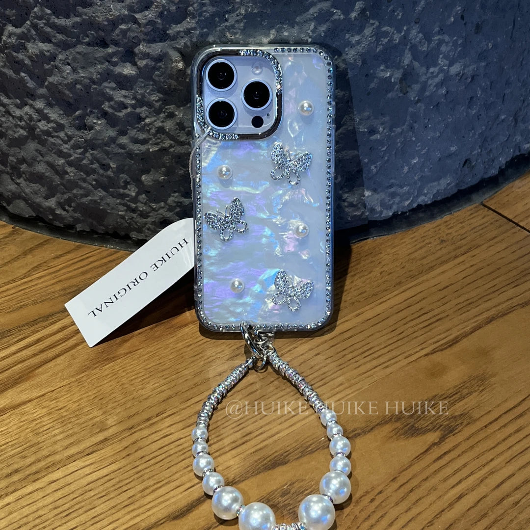 RHINESTONE BUTTERFLY Pearly Transparent Phone Case with Phone Charm Strap