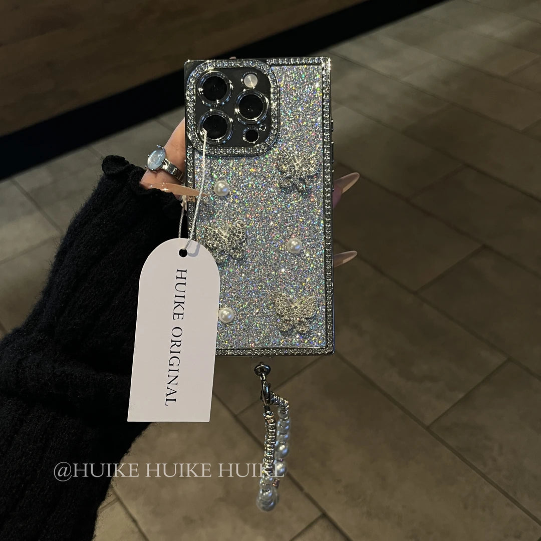 RHINESTONE GLITTER BUTTERFLY Pearl Phone Case with Phone Charm Strap