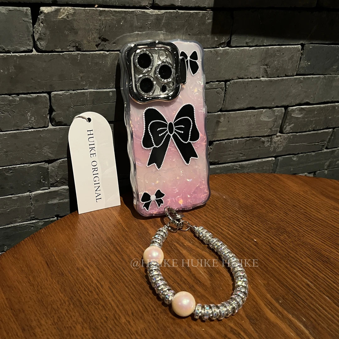 BLACK BOW Pink Shell Pattern phone case with Phone Charm Strap