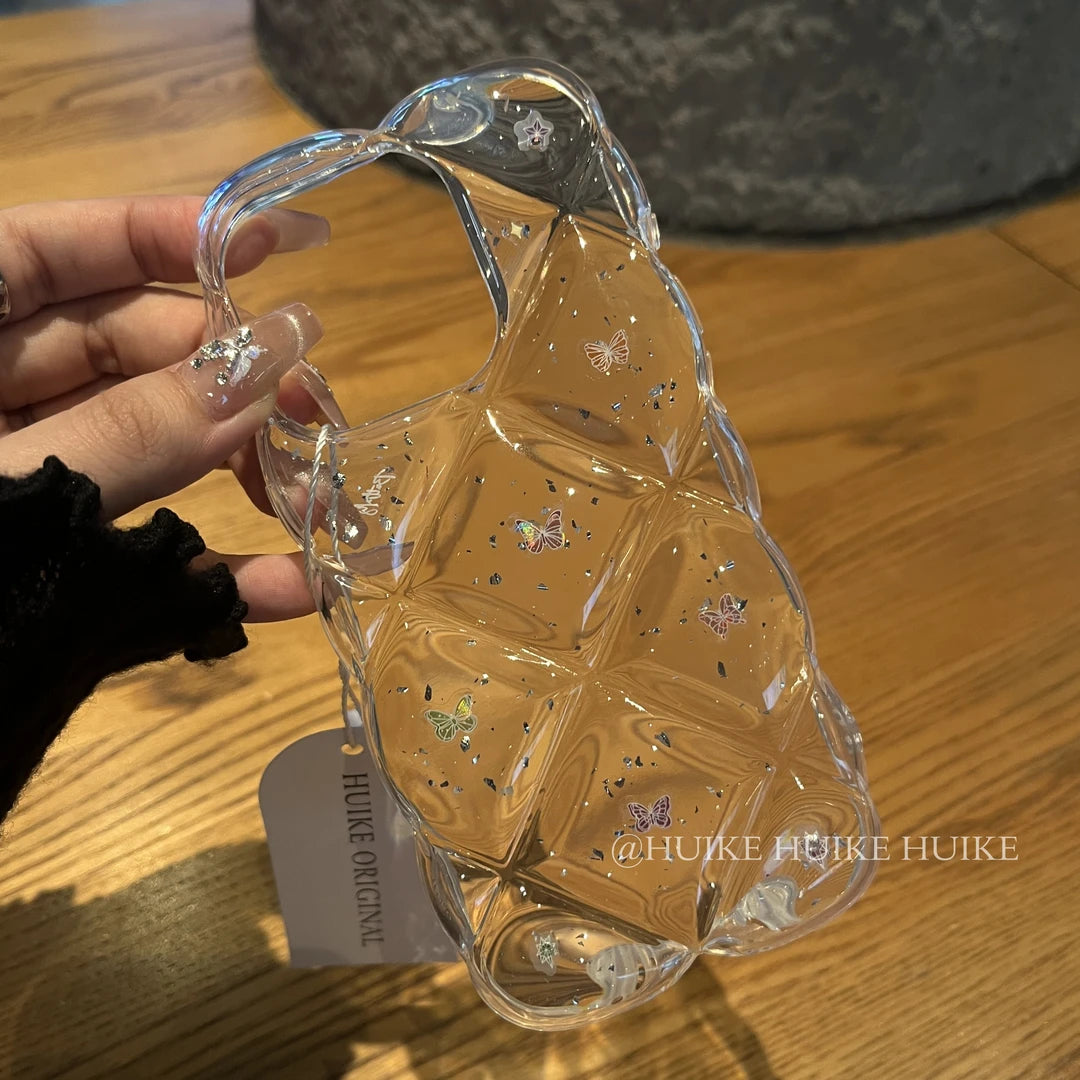 TRANSPARENT BUTTERFLY Diamond Grid Phone Case with Phone Charm Strap
