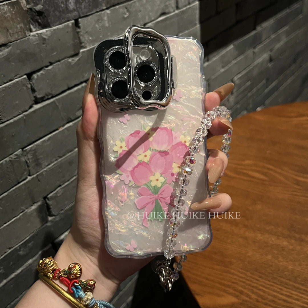 PINK TULIP Pearly Transparent phone case with Phone Charm Strap