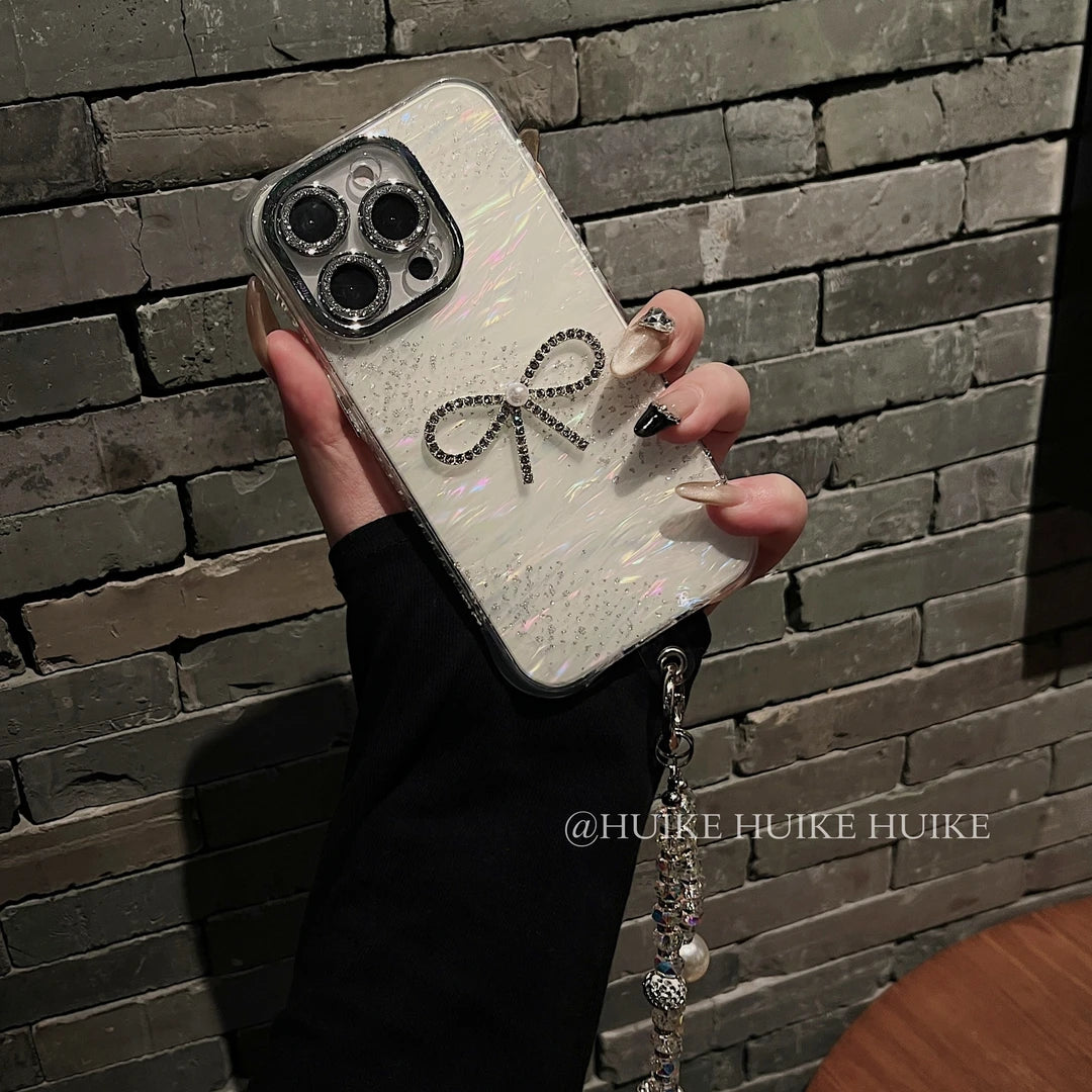 DIAMOND BOW Shell Pattern Phone Case with Phone Charm Strap